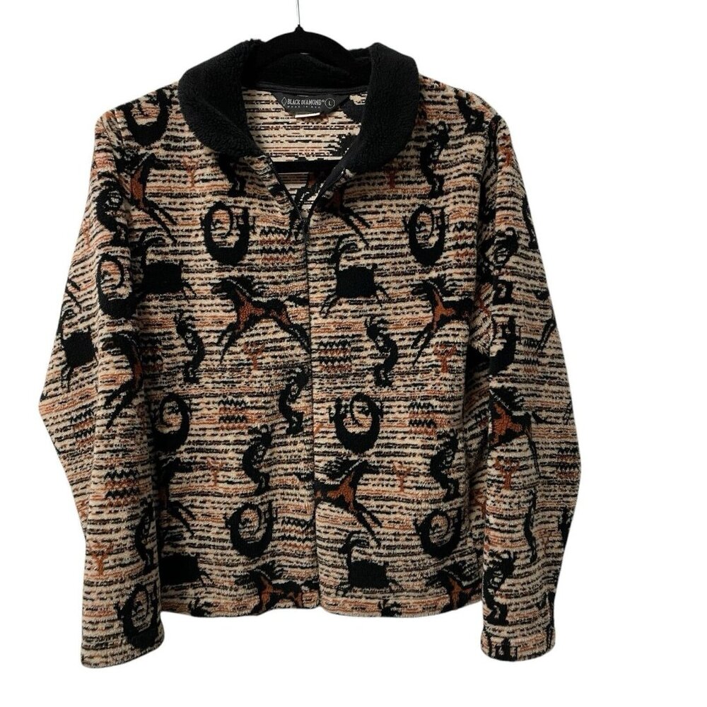 BLACK DIAMOND SWEATER FLEECE VINTAGE HORSE ABSTRACT ARTSY WOMENS L FULL ZIP